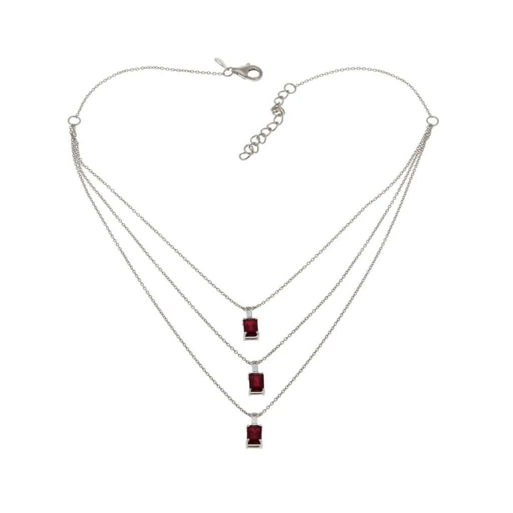 Rarities Sterling Silver Glass Filled Red Ruby 3-Tier Y-Drop Necklace. 15